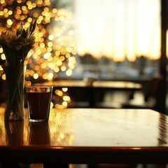 Cafe table with drink and flowers at sunset