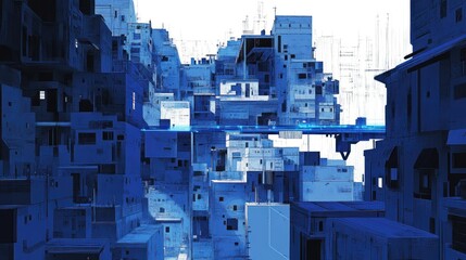 Futuristic city, elevated structures, abstract buildings, urban landscape, digital art