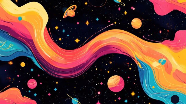 Abstract colorful space swirls with planets and stars; background for posters, websites