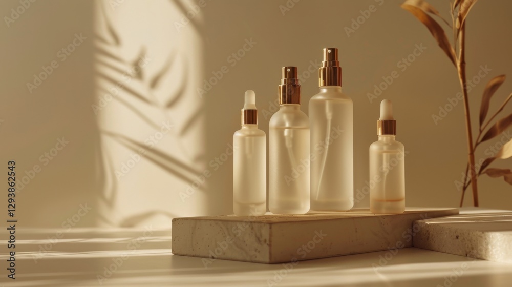 Leinwandbilder bottles of skincare products are arranged on a marble slab, illuminated by warm light creating soft 