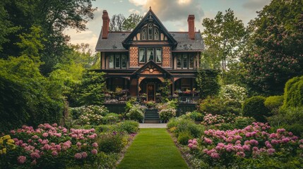 Charming Victorian House Surrounded by Lush Flower Garden Landscape