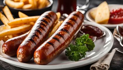 Grilled Sausages with Fries and Parsley on a White Plate