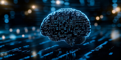  A futuristic digital brain made of flowing binary code, glowing in a neon blue hue, with a network of data streams surrounding it, symbolizing artificial intelligence and innovation.