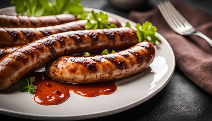 Grilled Sausages with Sauce on White Plate