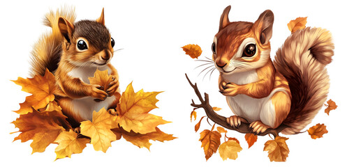 Fototapeta premium Cute squirrel sitting on autumn leaves holding acorns, isolated on transparent background