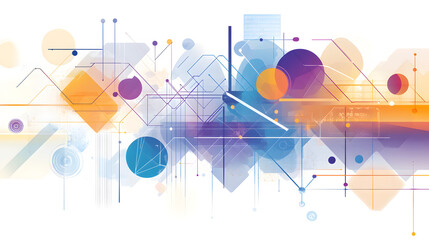 Fototapeta premium Vector background with geometric shapes and lines in blue, orange, white, and purple colors 