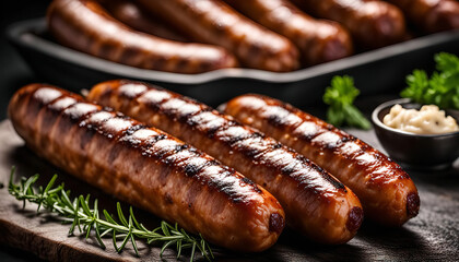 Close-up of Grilled Sausages on a Wooden Cutting Board