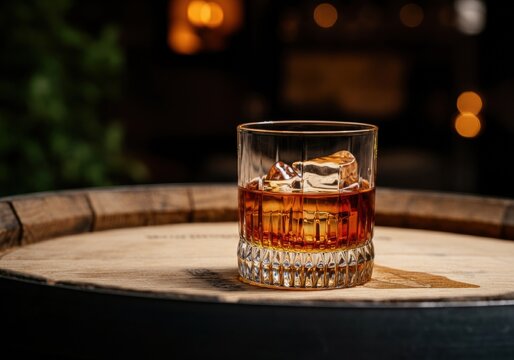 Glass of whiskey with ice on a wooden barrel, perfect for beverage promotions