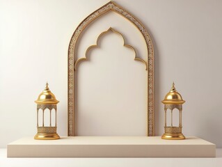 3D podium with blank space for text in Ramadan Islamic style design, with two golden lamps on the sides of an archway on top of the podium, simple background