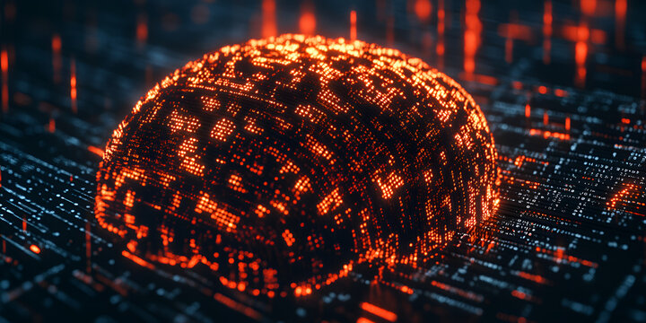 A digital representation of a brain composed of glowing, interconnected data points and code, surrounded by a vibrant web of data streams
