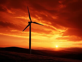 Obraz premium A majestic wind turbine, its blades reaching towards a fiery orange sky, stands as a testament to the power of the wind, a symbol of progress and the pursuit of sustainable energy solutions. 