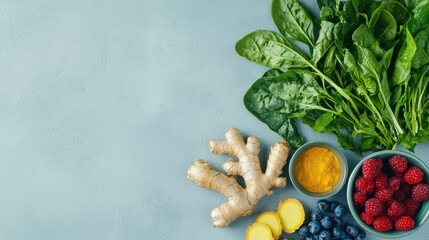 Anti Inflammatory Routine. Fresh ingredients including greens, berries, ginger, and lemon on a light background.