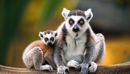 Obraz premium Adorable RingTailed Lemurs with Babies in Lush Forested Landscape, Showcasing Playful Interactions and Bold Colors in a Tropical Atmosphere