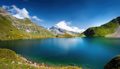 Ritom Lake in Val Piora, Canton Ticino, Switzerland Dazzling Alpine Panorama at Sunset, Showcasing Serene Waters and SnowCapped Peaks Under a Warm, Vibrant Sky