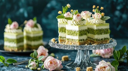 Delicious green tea layer cake with floral decoration bakery food photography elegant setting close-up view culinary art