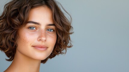 Fototapeta premium Anti Inflammatory Routine. Smiling young woman with curly hair against a soft grey background.