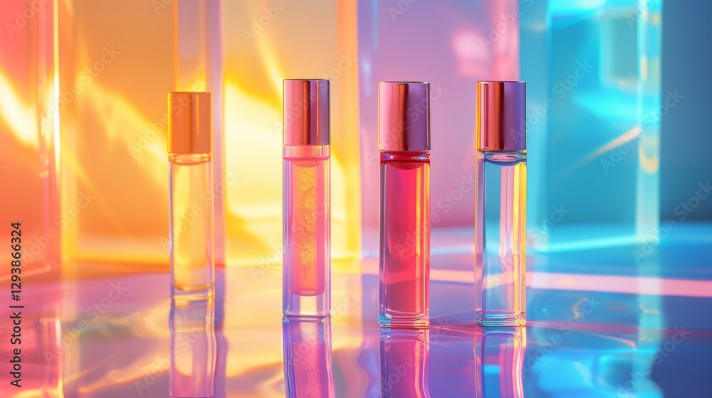 Poster Four elegant perfume bottles arranged against a backdrop of colorful glass panels create a captivating visual effect filled with reflections and vibrant light.