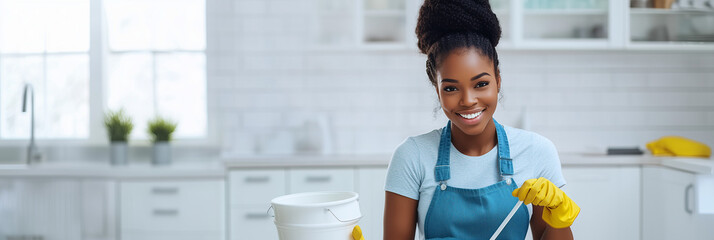 Young african american lady wiping a kitchen with a smile. The photo represents home care, freshness, and a positive attitude. Banner with free space for text, copy space