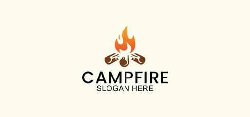 campfire vector logo, wood and fire design, camping template