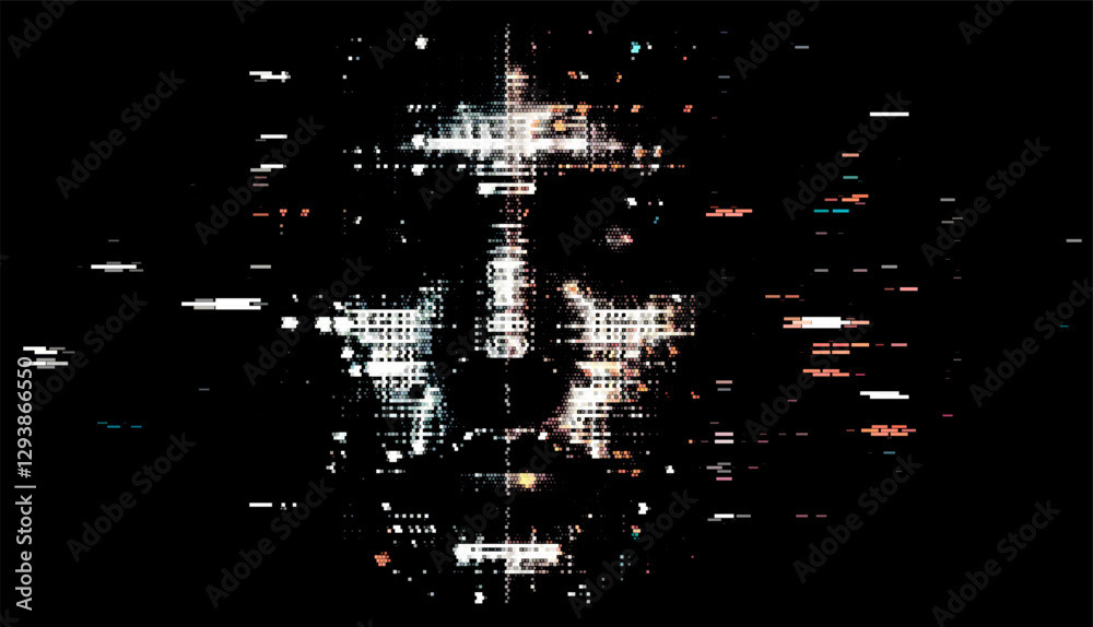 Aufkleber vector illustration of a digital, pixelated face emerging from a dark background, creating a futuris