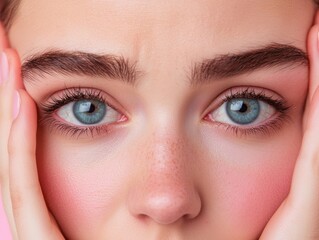 Fototapeta premium Close up of Woman s Face Blue Eyes Soft Skin Makeup Beauty Portrait