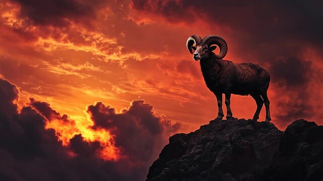 A powerful ram standing on a glowing mountain peak under a dramatic fiery sunset sky