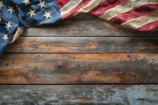 Remembering fallen heroes with an American flag on rustic wood for Memorial Day