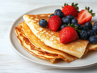 Delicious gluten-free pancakes with blueberries and strawberries. A concept of balanced eating, homemade food, and dietary wellness.