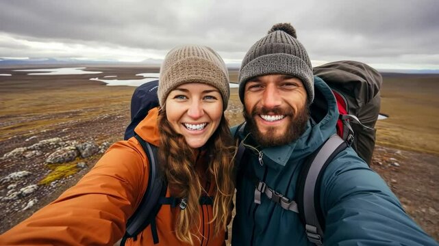 A cheerful couple in hiking gear takes a selfie from a high-angle perspective, capturing a vast, rugged landscape. Perfect for a travel video thumbnail.