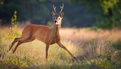 Fototapeta premium Roe Deer Alert Capreolus Capreolus Buck in Vigilance, Frosty Forest Scene with Dappled Light and Autumn Hues, Perfect for Wildlife Art, Home Decor, or Design Inspiration
