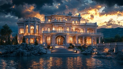 Fototapeta premium Luxurious Mansion by the Water Under Dramatic Sunset Sky