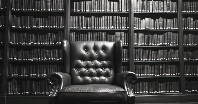 A comfortable leather armchair sits before a wall of books in a library, inviting quiet study.