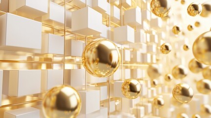 A luxurious 3D rendered arrangement of floating golden spheres, cubes, and pyramids, perfectly aligned in geometric symmetry, soft golden lit background