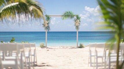 Tropical beach wedding setup with white chairs and floral archway overlooking turquoise sea