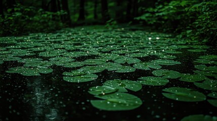 A serene green pond, with lily pads and soft ripples on the surface, creating a peaceful and meditative scene. 