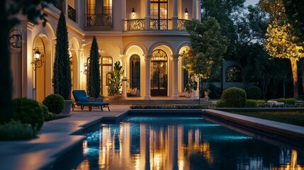 Elegant Luxury Villa at Dusk with Beautiful Pool Reflections