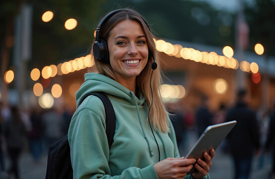 Smiling woman wears headset holds tablet. Event organizer, PR manager host concert, work outdoor, make performance announcement. Happy professional prepares music festival, communicates with team.