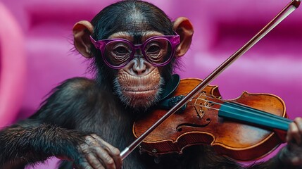 Un mono con gafas toca el violín en un fondo colorido y divertido.