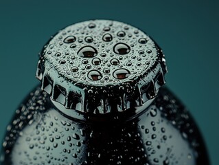A sleek, dark green beer bottle, its surface adorned with delicate condensation droplets, sits against a gradient of midnight blue and charcoal gray, creating a moody and inviting atmosphere. 