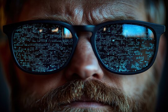 Reflections of code create a unique view in programmer's glasses during coding session