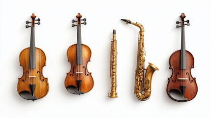 Naklejka premium A row of four vintage style miniature musical instruments, including a violin, saxophone, double bass, and snare drum, warm brass and polished wooden textures