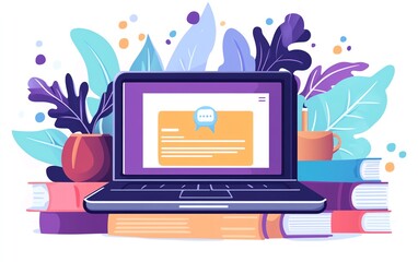 laptop placed on a stack of books, open screen displaying an online education website, modern digital learning, elearning concept, online courses, technology in education