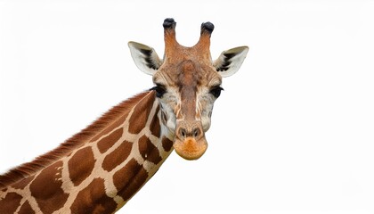 Fototapeta premium Striking Portrait of a Rothschilds Giraffe Against a Translucent Canvas, Showcasing the Majestic Beauty and Grace of this Endangered Species.