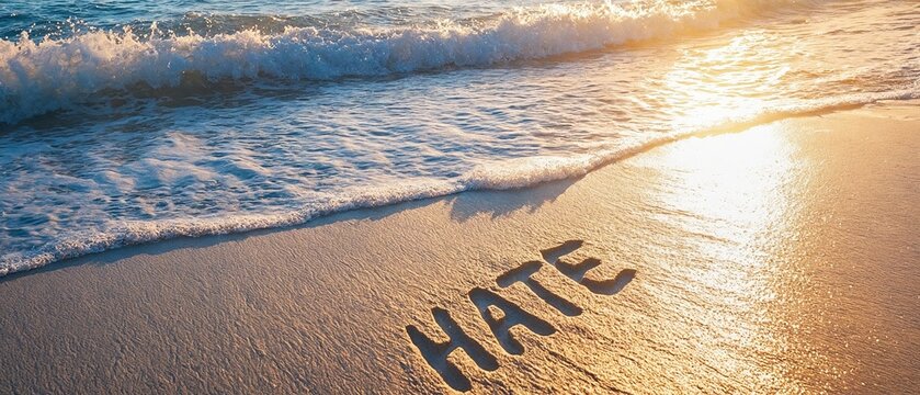 La luz del atardecer refleja en la playa, donde la palabra 'HATE' se dibuja en la arena.