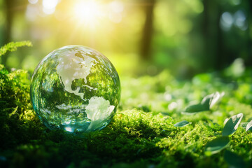 Transparent Earth glowing in nature. A concept of nature’s fragility and the importance of protection.