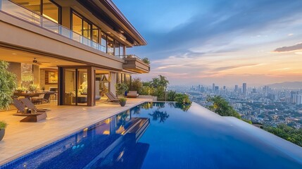 Luxurious Villa with Infinity Pool Overlooking Urban Skyline at Sunset