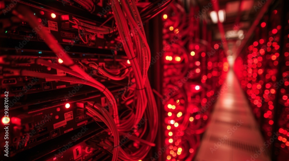 Fototapete Rows of servers shine with red lights in a data center, revealing a complex network of cables and hardware during late night operations without human presence.