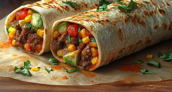 Delicious burritos filled with vegetables and meat, served on a rustic wooden table with garnishes