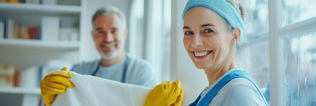 Smiling senior woman and man are keeping their  home spotless. The photo reflects tidiness, dedication, and home maintenance