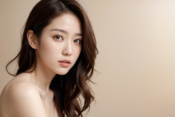 Headshot of Japanese woman with long, loosely curled hair, AI-generated